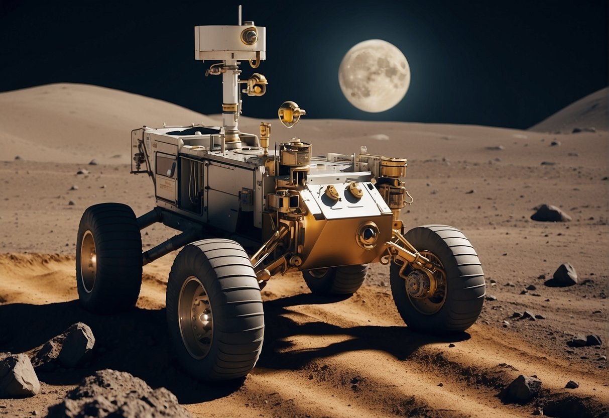 A lunar rover drills into the surface of the moon, extracting minerals and depositing them into a storage container