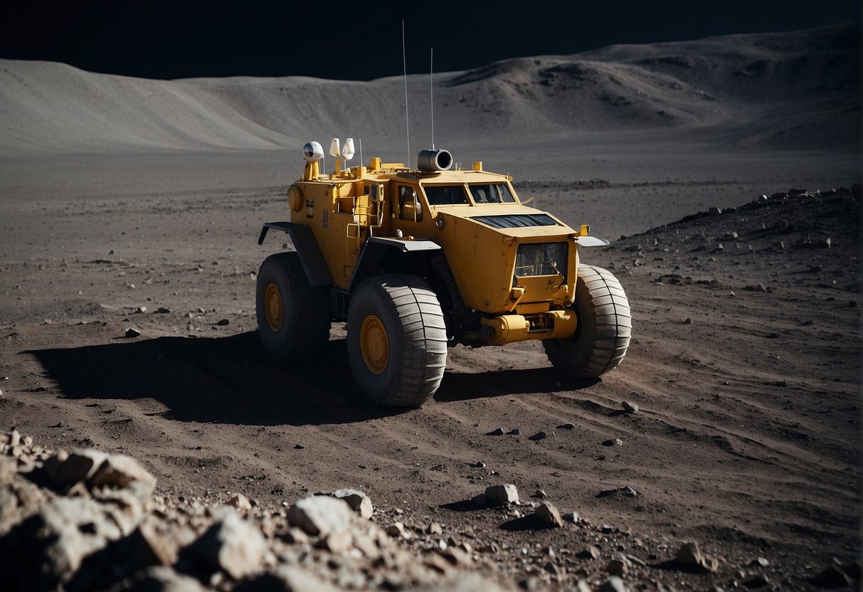 The lunar surface is dotted with craters and rocky terrain, with the Earth visible in the background. Mining equipment and vehicles are scattered across the landscape, with astronauts working diligently to extract resources from the moon