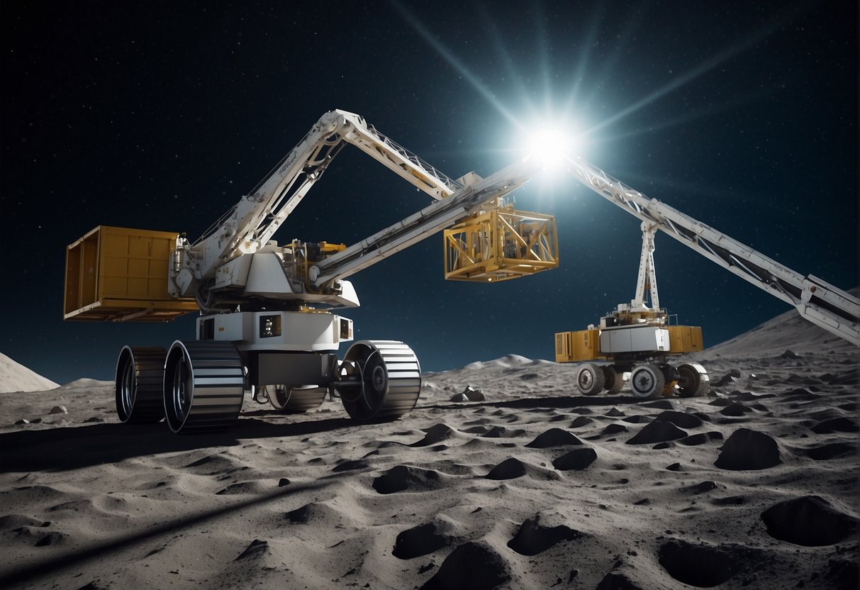 A lunar mining site with robotic equipment extracting resources from the moon's surface, while commercial spacecrafts transport cargo to and from the operation