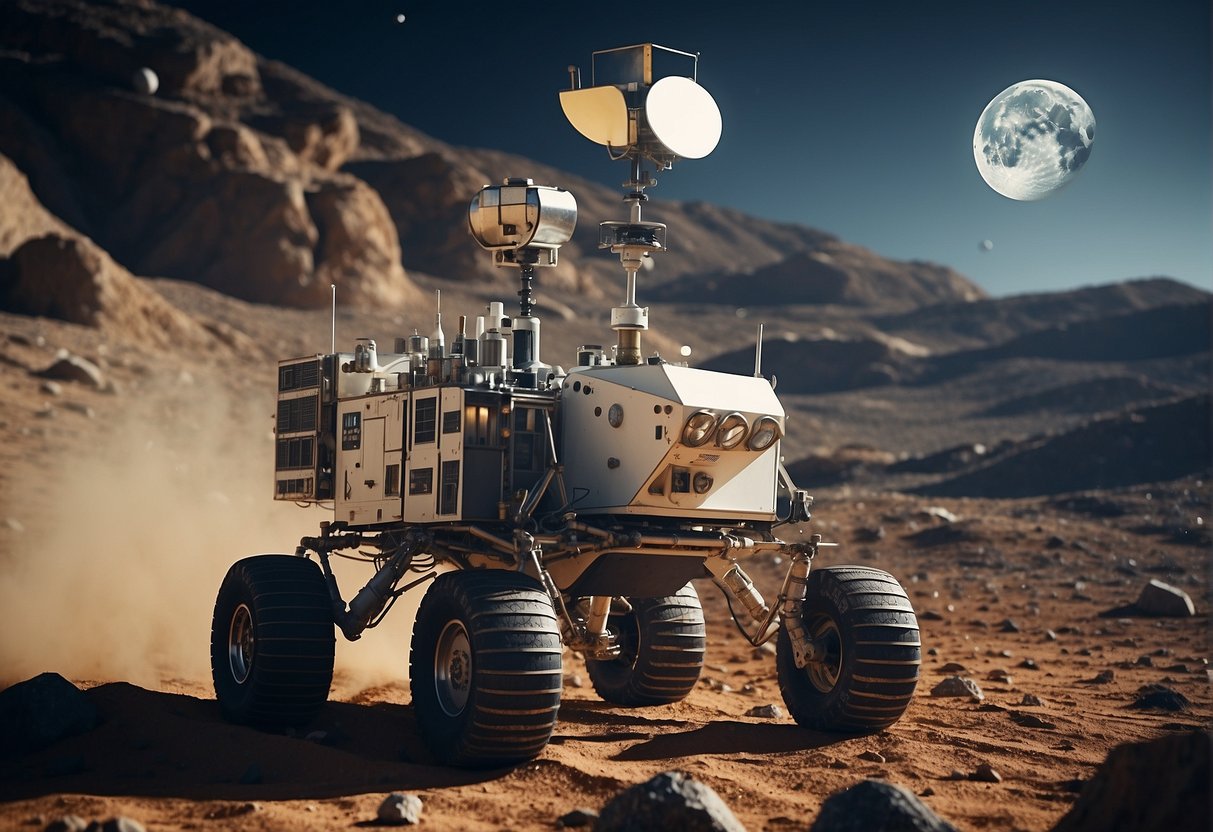 A lunar rover collects minerals while a communication satellite orbits overhead. A team of scientists and engineers collaborate on a mining operation on the moon