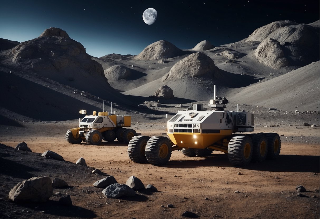 A lunar base with mining equipment and vehicles, surrounded by rocky terrain and a vast, desolate lunar landscape