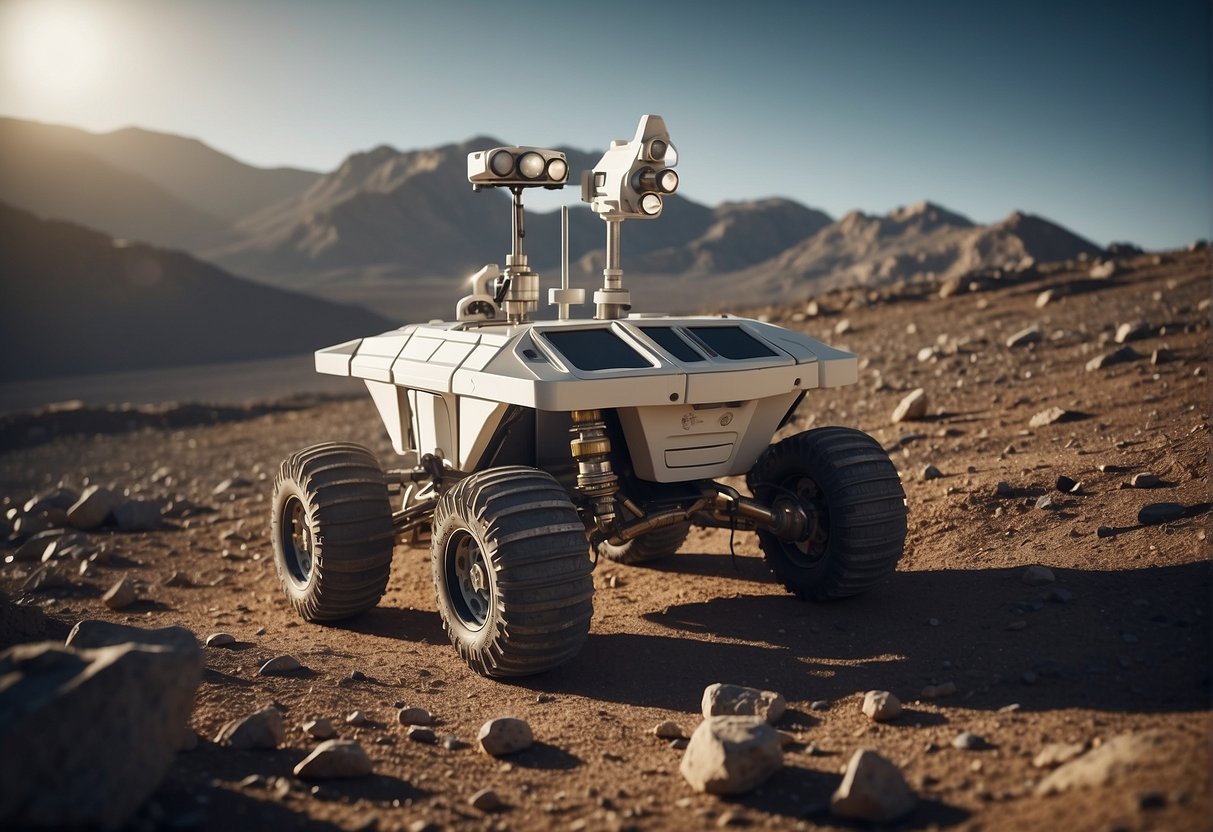 A lunar rover navigates rugged terrain, collecting samples of moon rocks. A mining operation is set up with futuristic equipment and structures in the background