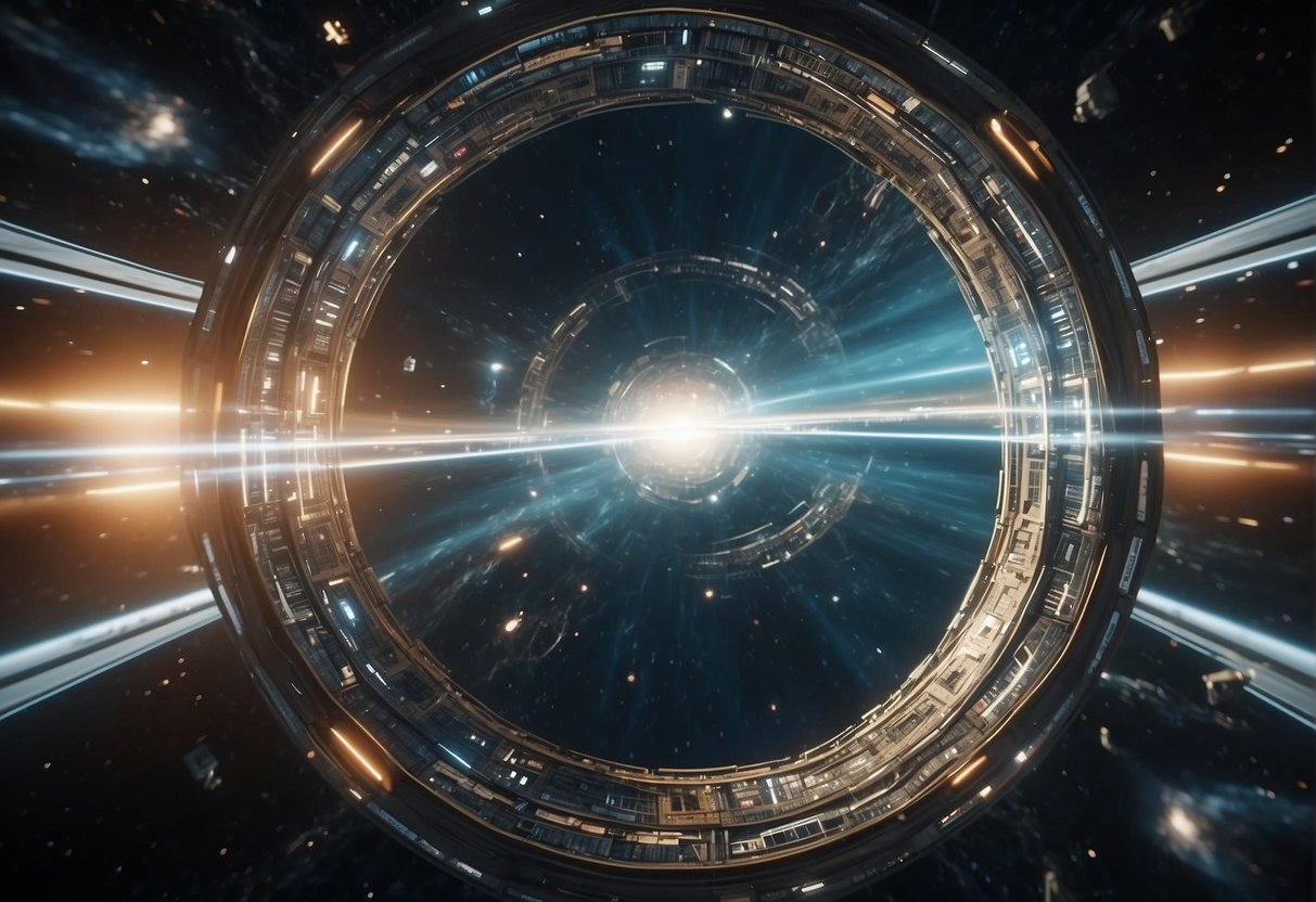 A space station hurtles through a chaotic wormhole, surrounded by swirling alternate dimensions, depicting escalating global crises