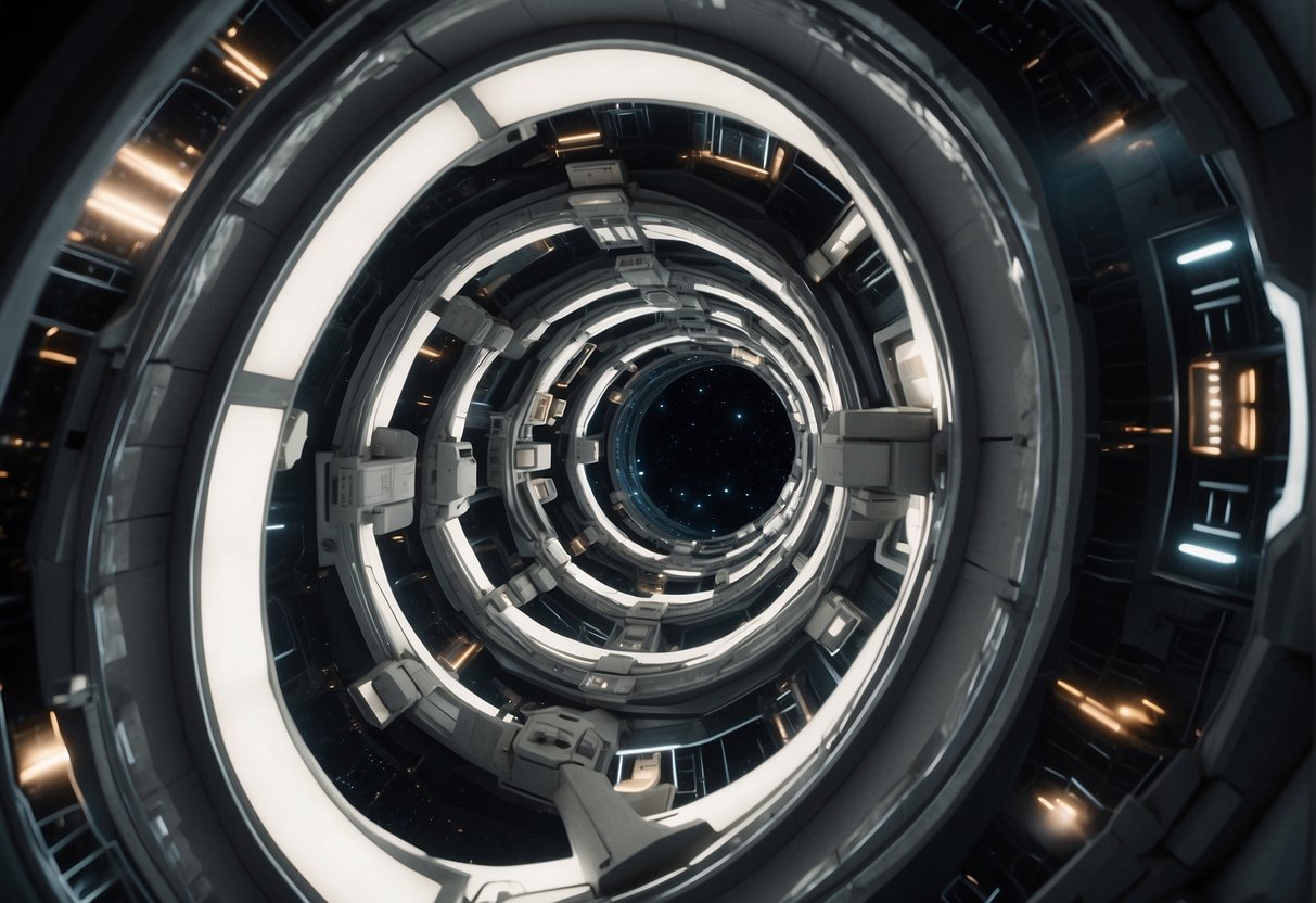 A space station hovers in the void, surrounded by swirling wormholes and alternate dimensions, inspired by "The Cloverfield Paradox."