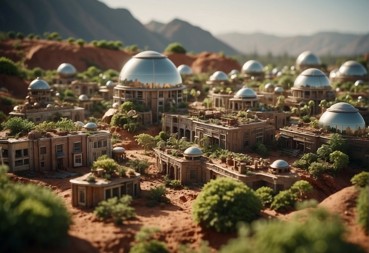 A bustling Martian city, with towering terraforming machines and lush greenery, symbolizing the societal impacts of Mars colonization