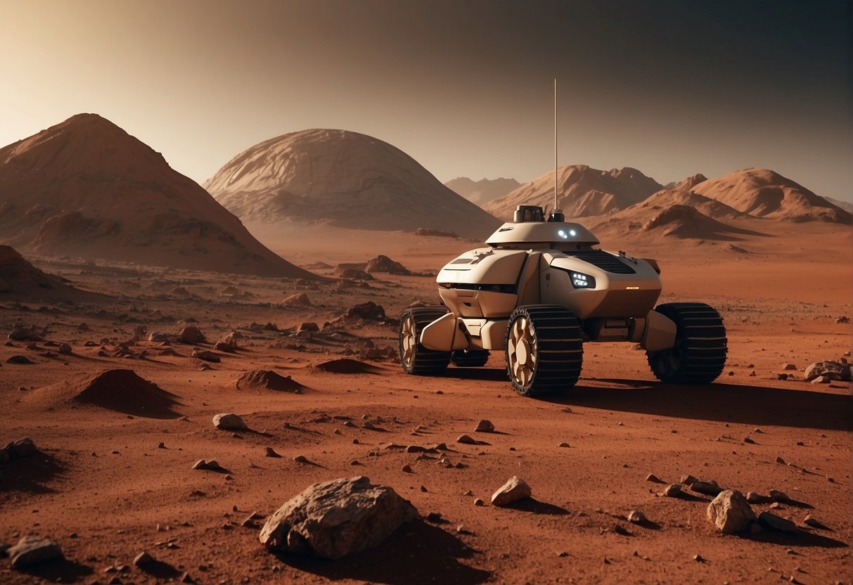 The red planet, Mars, is being transformed through terraforming, with machines and technology shaping its landscape. The atmosphere is changing, and new habitats are being created for potential future colonization