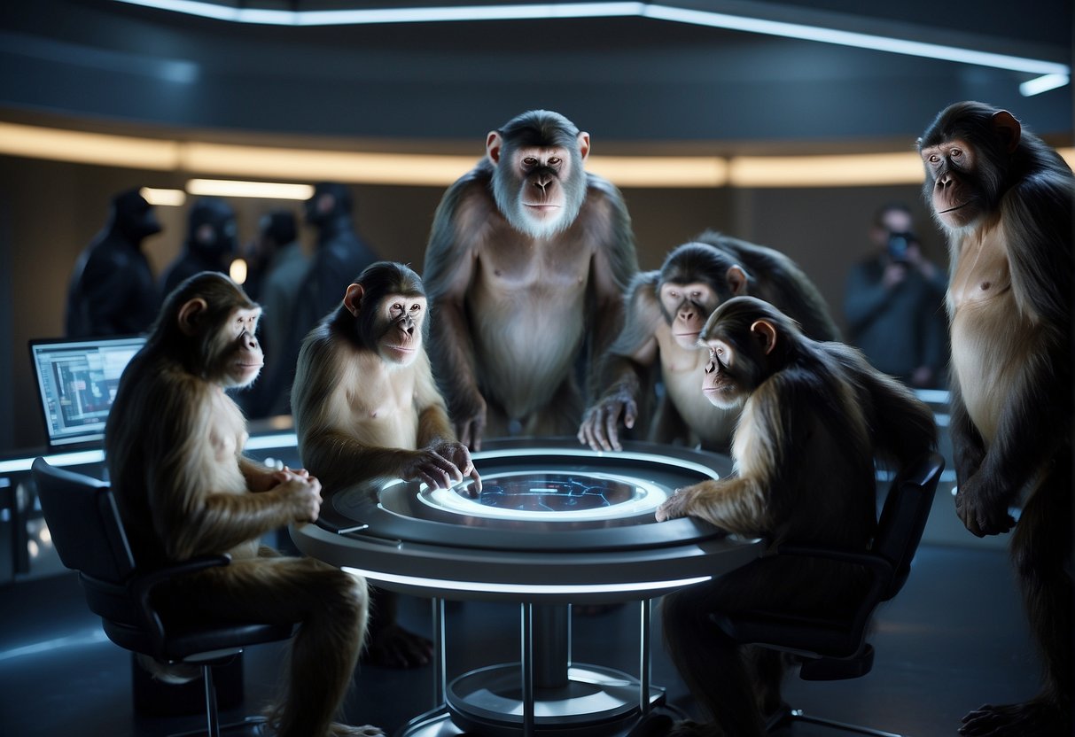 Planet of the Apes - A group of intelligent apes gather around a futuristic laboratory, studying advanced technology and discussing the science of evolution on their planet