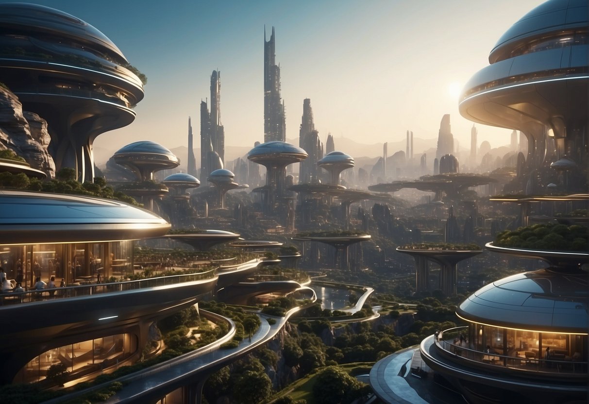 A futuristic city on a distant planet, populated by intelligent apes in advanced technology, reflecting a society similar to our own