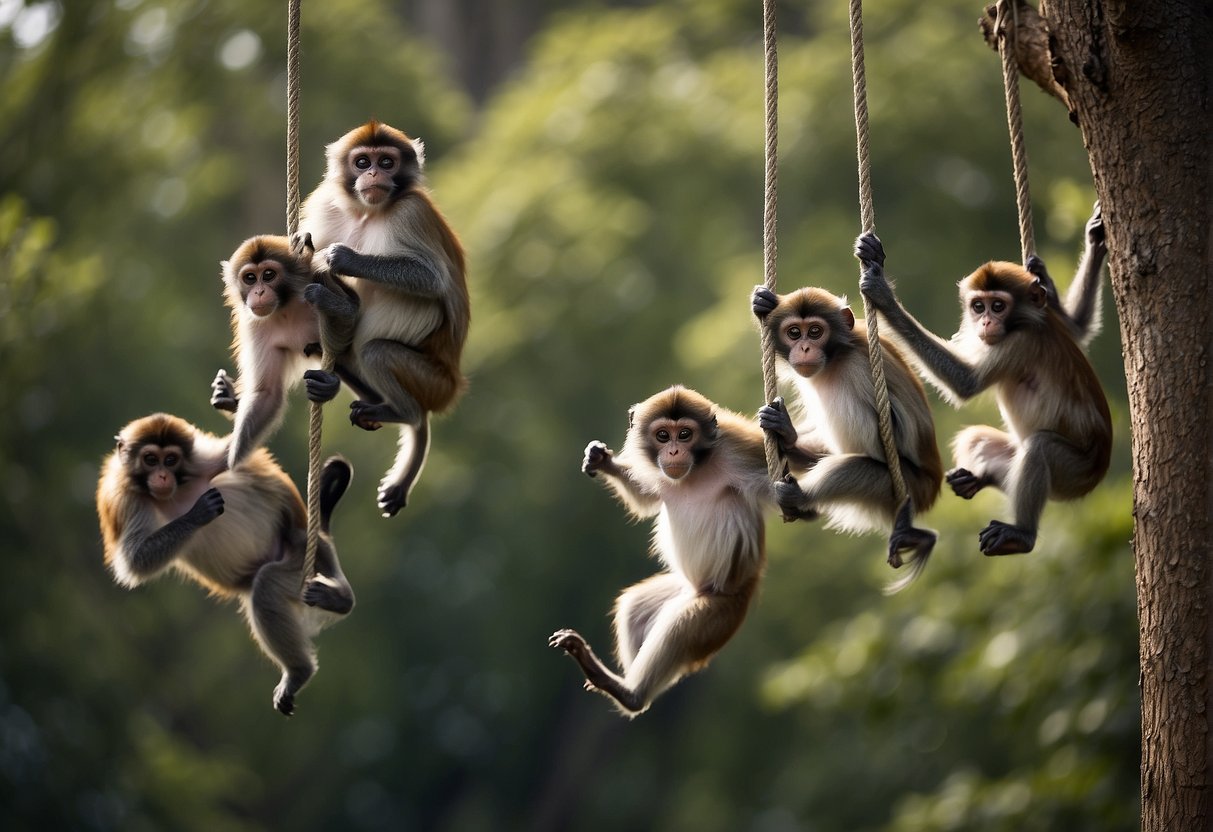 A group of primates swing from tree to tree, displaying different physical adaptations and social behaviors, showcasing the evolutionary biology of primates on a distant planet