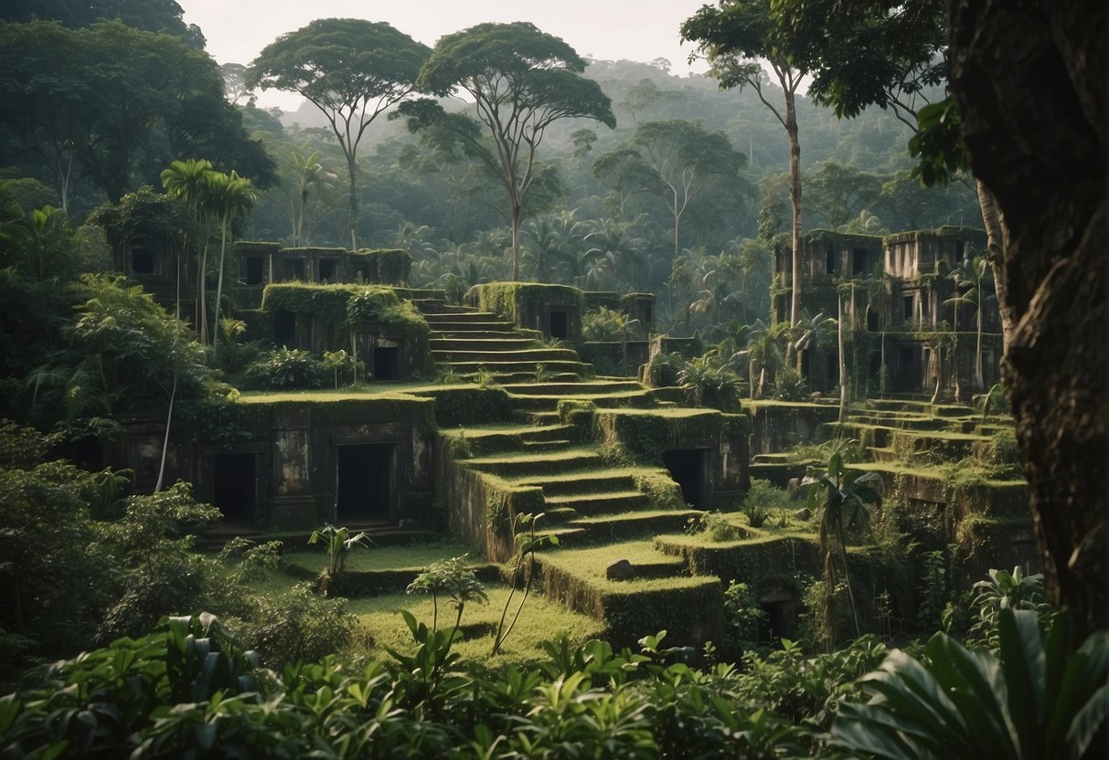 Lush jungle with diverse flora and fauna, apes swinging from tree to tree, ancient ruins hinting at a lost civilization