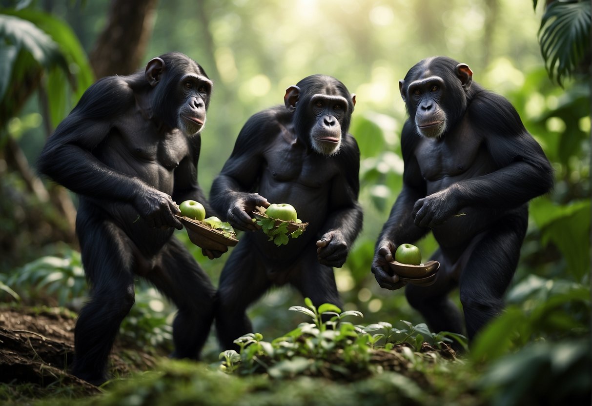 A group of intelligent apes use tools to forage for food and build shelters in a lush, jungle-like environment on an alien planet