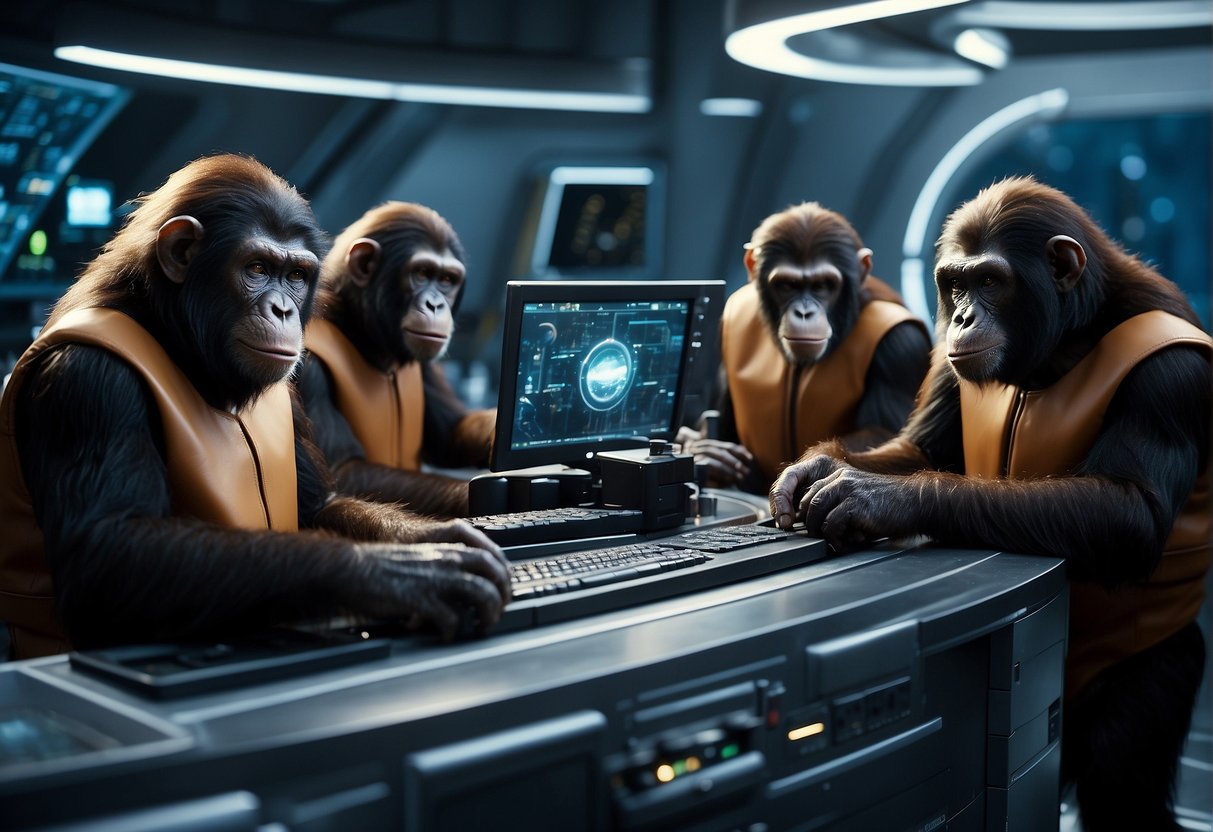 A group of apes in futuristic attire operate advanced film equipment on a distant planet, capturing the evolution of alien species