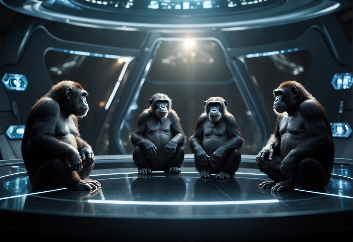 A group of intelligent apes gather around a futuristic display, discussing the science of evolution on other worlds. The room is filled with advanced technology and scientific equipment