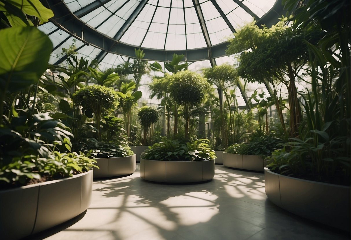 Silent Running - Lush green plants fill a domed space, tended by robotic arms. Soft light filters through the leaves, creating a tranquil atmosphere