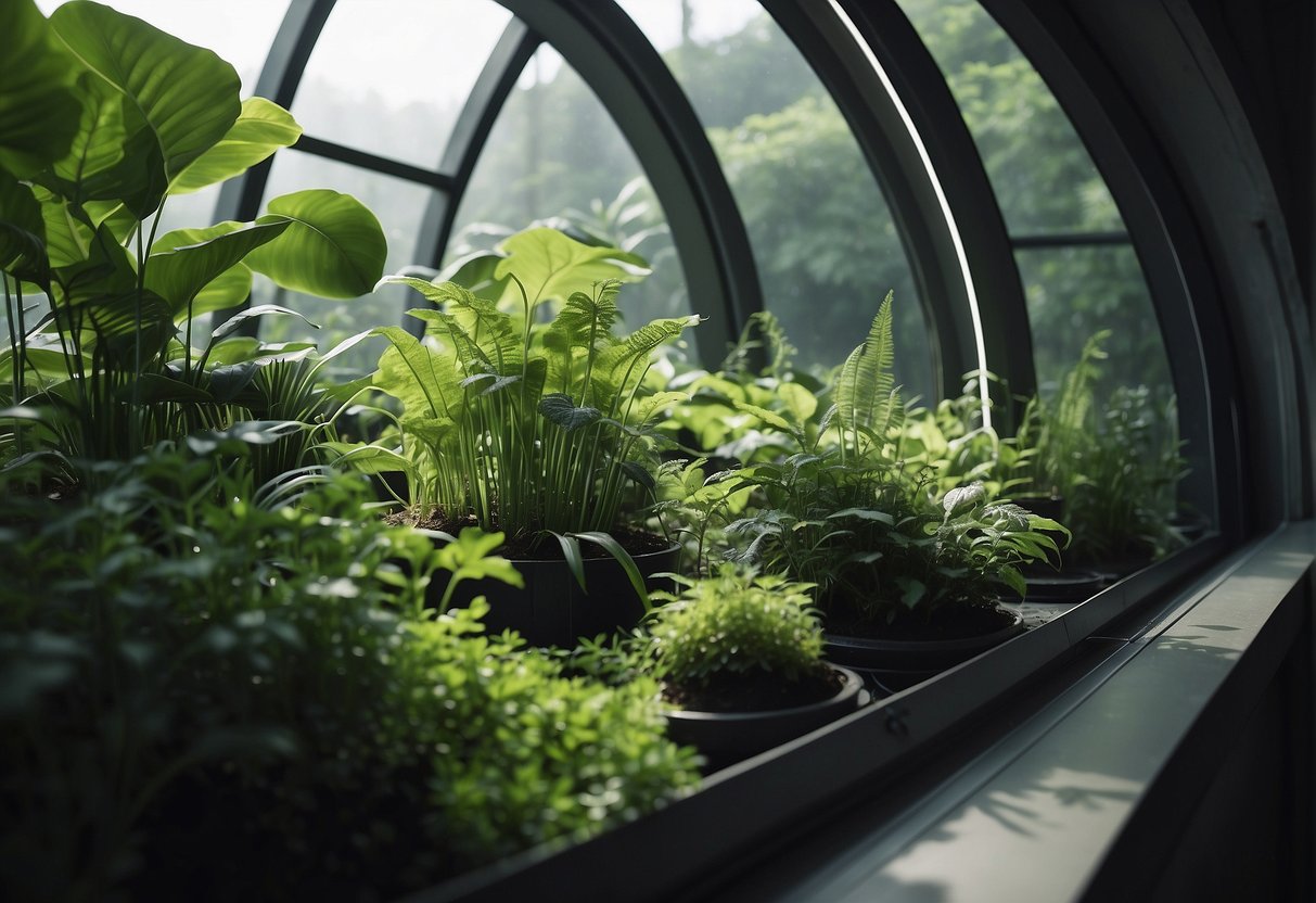 Lush green plants fill a domed space, bathed in soft, artificial light. Tubes and machinery support the ecosystem, creating a serene and otherworldly atmosphere
