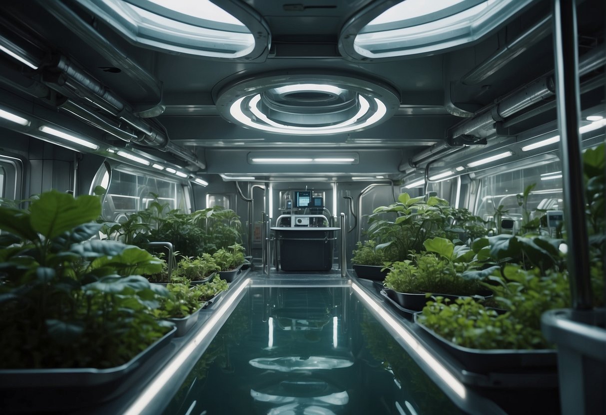 A space station with lush green plants and advanced hydroponic systems, surrounded by floating orbs of water and oxygen-generating machinery
