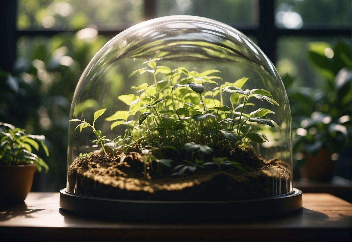 Lush green plants float in a transparent dome, tended by robotic arms. Soft sunlight filters through, casting shadows on the soil. A small waterfall trickles in the background, creating a serene and peaceful atmosphere