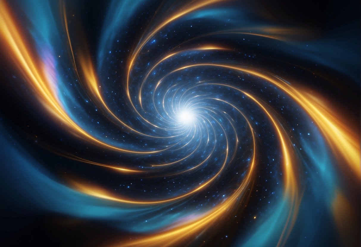 A swirling vortex of colorful energy opens in the sky, revealing the Einstein-Rosen Bridge theory in action. The wormhole crackles with electric currents, emitting a powerful and otherworldly presence