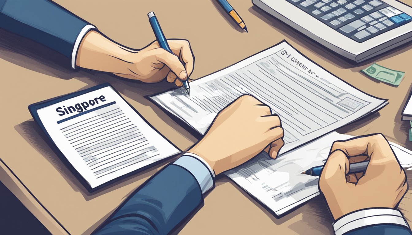 A person signing a contract with a licensed money lender and a bank, weighing the pros and cons of borrowing in Singapore