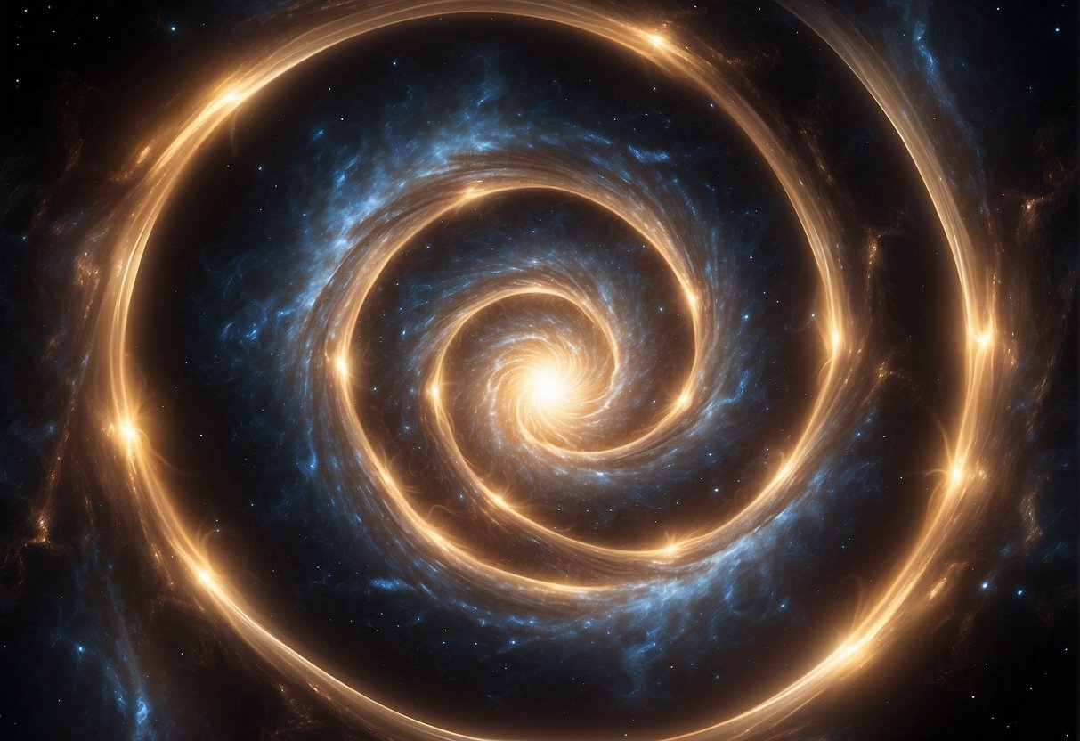 A swirling vortex of energy and light, resembling a cosmic tunnel, stretches across the starry expanse, with tendrils of crackling electricity dancing around its edges