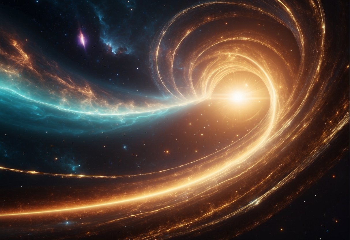 A swirling vortex of energy opens in space, connecting distant realms. Bright colors and crackling lightning fill the wormhole, representing the Einstein-Rosen Bridge theory