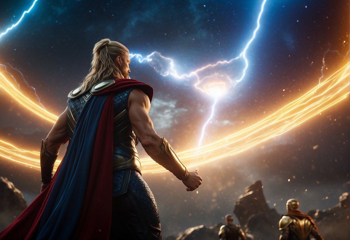 A swirling vortex of colorful energy crackles with lightning, surrounded by the majestic figures of Asgardian gods and alien creatures from "Thor: Ragnarok."