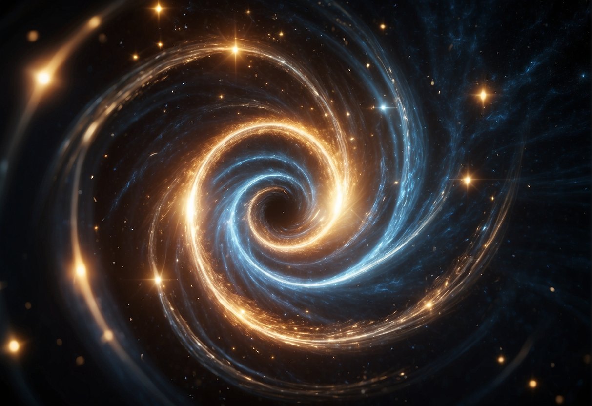 A swirling vortex of energy and light, resembling a cosmic tunnel, with sparks and particles emanating from its center