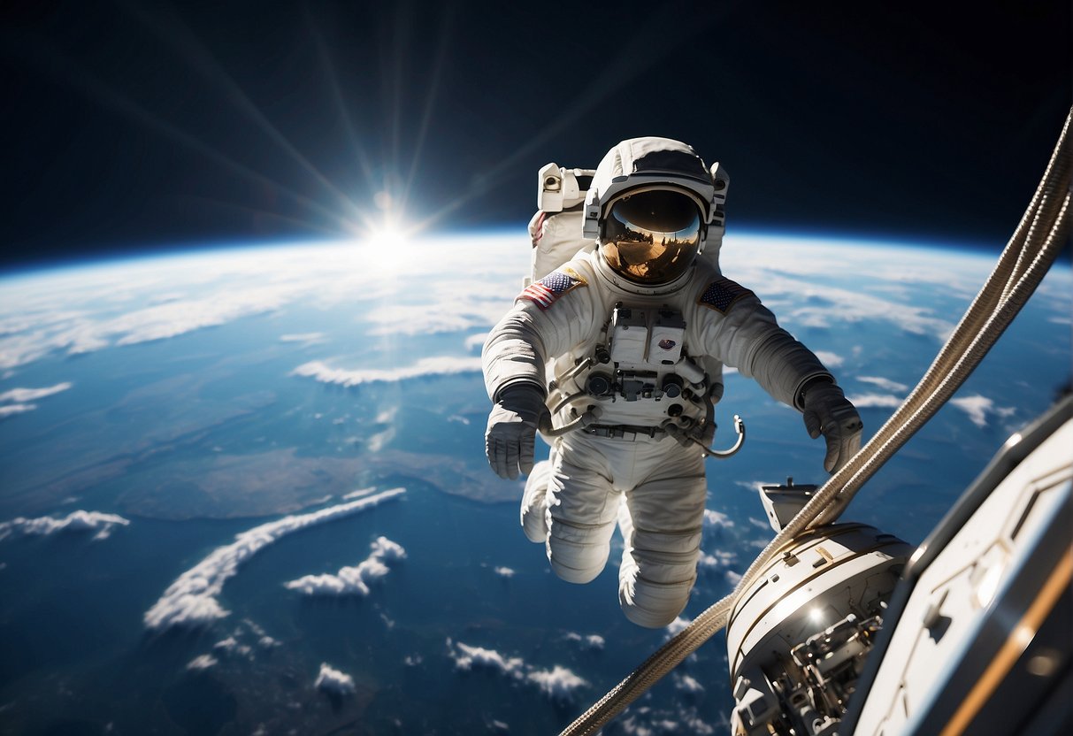Space Films - An astronaut floats weightlessly in a sleek, high-tech spacecraft, surrounded by the vast expanse of space. Earth looms in the distance, a beautiful blue and white orb against the darkness