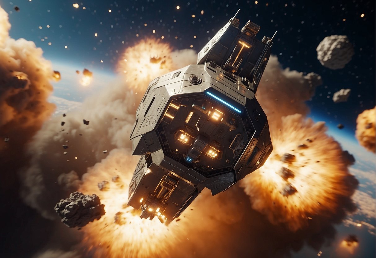 Spacecraft engage in intense combat, firing lasers and missiles. Shields flicker as they absorb enemy fire. Explosions scatter debris across the starry backdrop