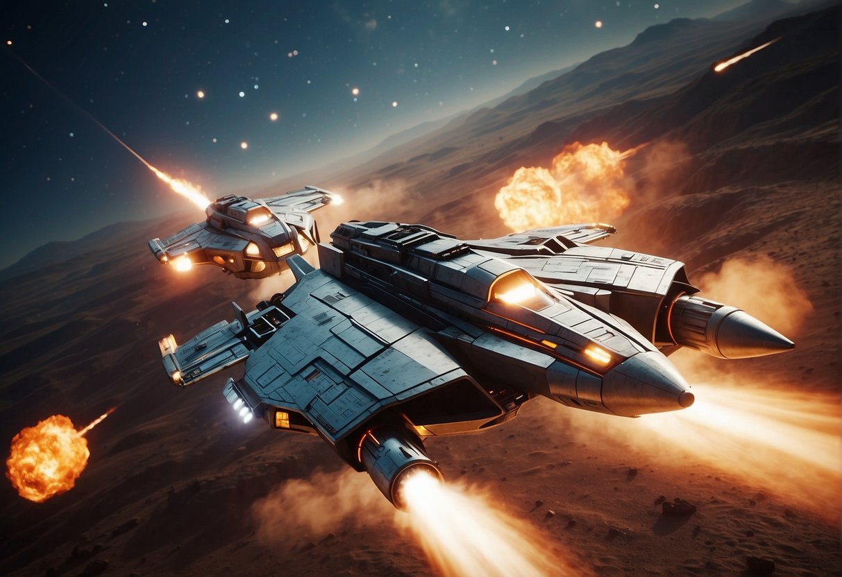 A space battle between two starships, with laser cannons firing and missiles launching. The ships are maneuvering and evading each other using advanced tactics and technology