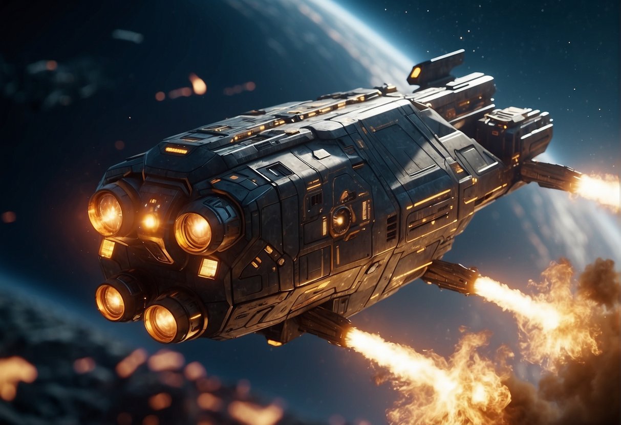 Spacecraft maneuver, firing lasers and missiles, dodging enemy attacks, explosions, and debris. Futuristic technology and tactics in a high-stakes space battle