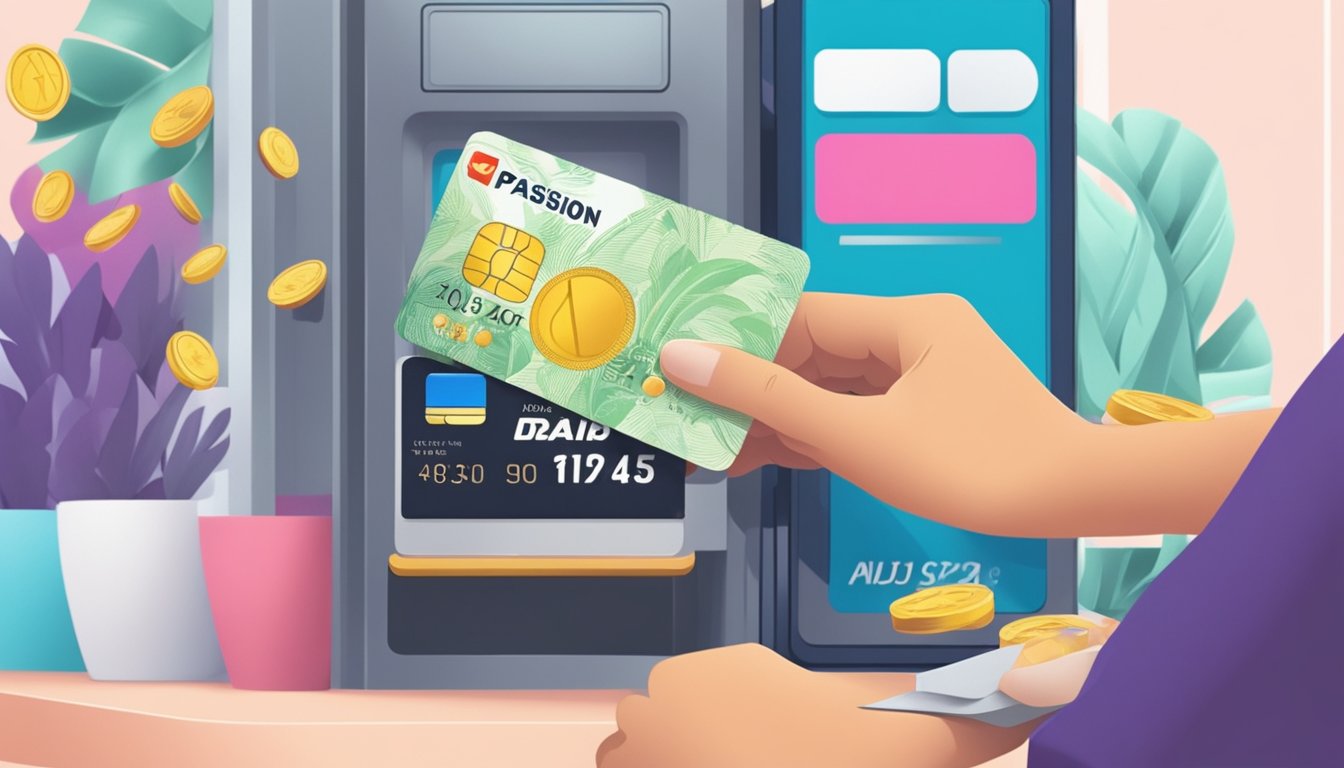 A hand swipes a passion-themed debit card in Singapore