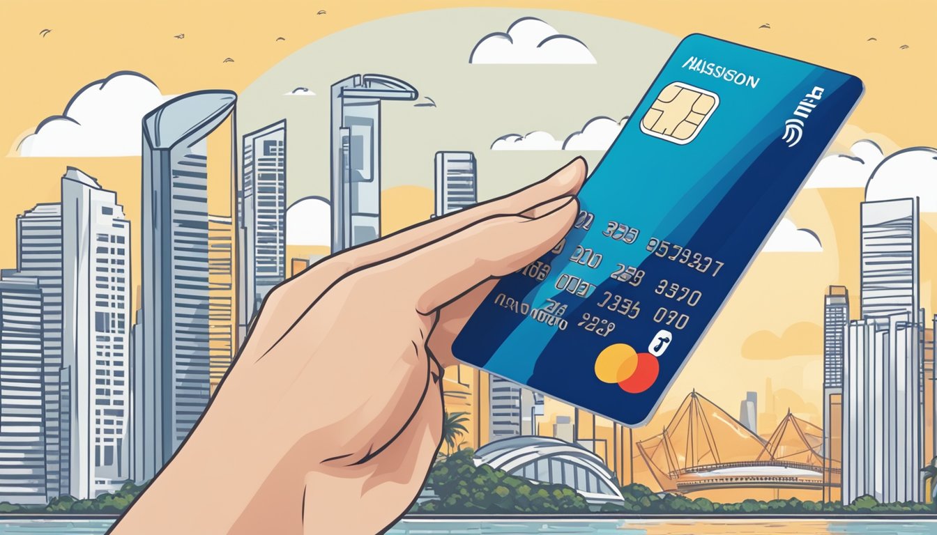 A hand reaches for a debit card with a passion for convenience and accessibility, against a backdrop of iconic Singapore landmarks