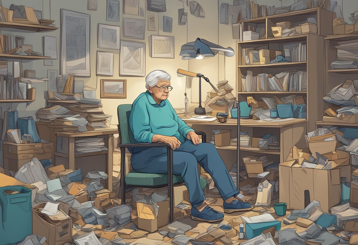 An elderly person sitting alone, surrounded by clutter, with a pained expression and trembling hands