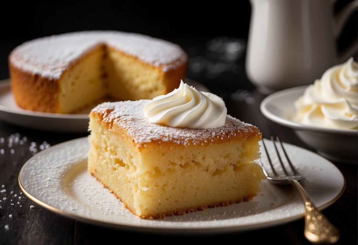 A golden butter cake sits on a white plate, topped with a layer of smooth, creamy sauce and a sprinkle of powdered sugar