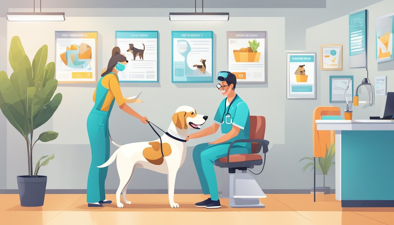 A happy dog receiving a check-up from a caring vet in a bright, modern clinic with colorful pet wellness posters on the walls