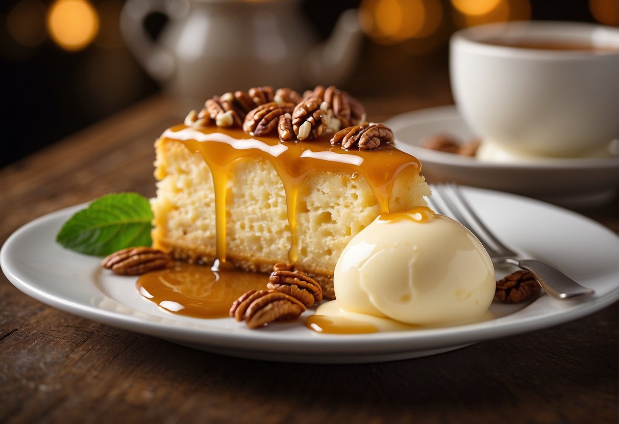 A slice of butter cake sits on a white plate, topped with a generous scoop of vanilla ice cream. The cake is drizzled with warm caramel sauce and garnished with a sprinkle of toasted pecans
