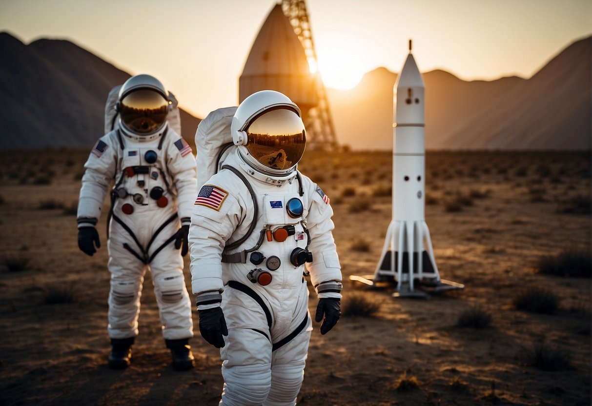 A group of astronauts in their spacesuits stand in front of a rocket, preparing for launch. The sun rises in the background as they exude determination and courage