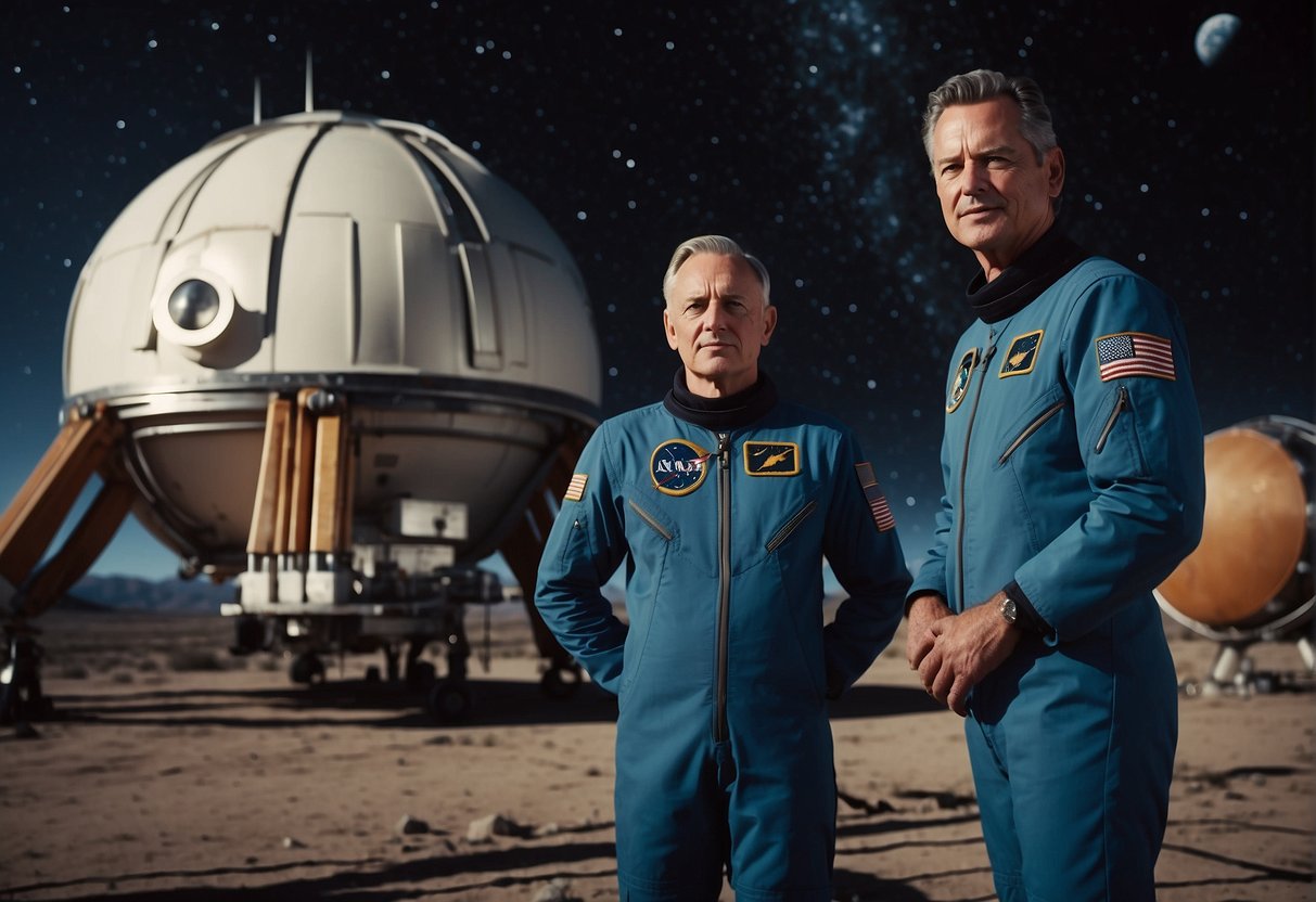 Early space pioneers stand proudly next to their spacecraft, with the Earth in the background. Their achievements and missions are depicted in symbols and text surrounding them