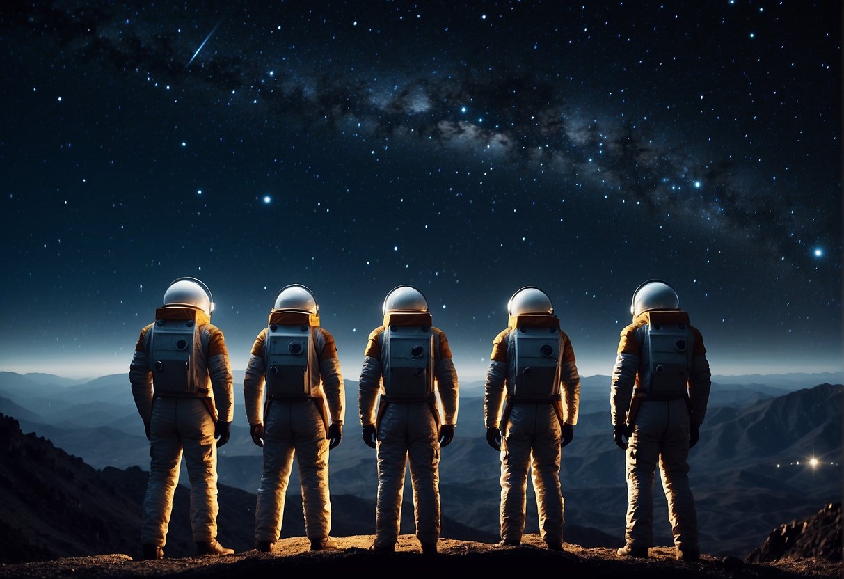 A group of early space pioneers stand tall, gazing up at the night sky, their determination and courage evident in their expressions. The stars twinkle above, casting a magical glow on the scene