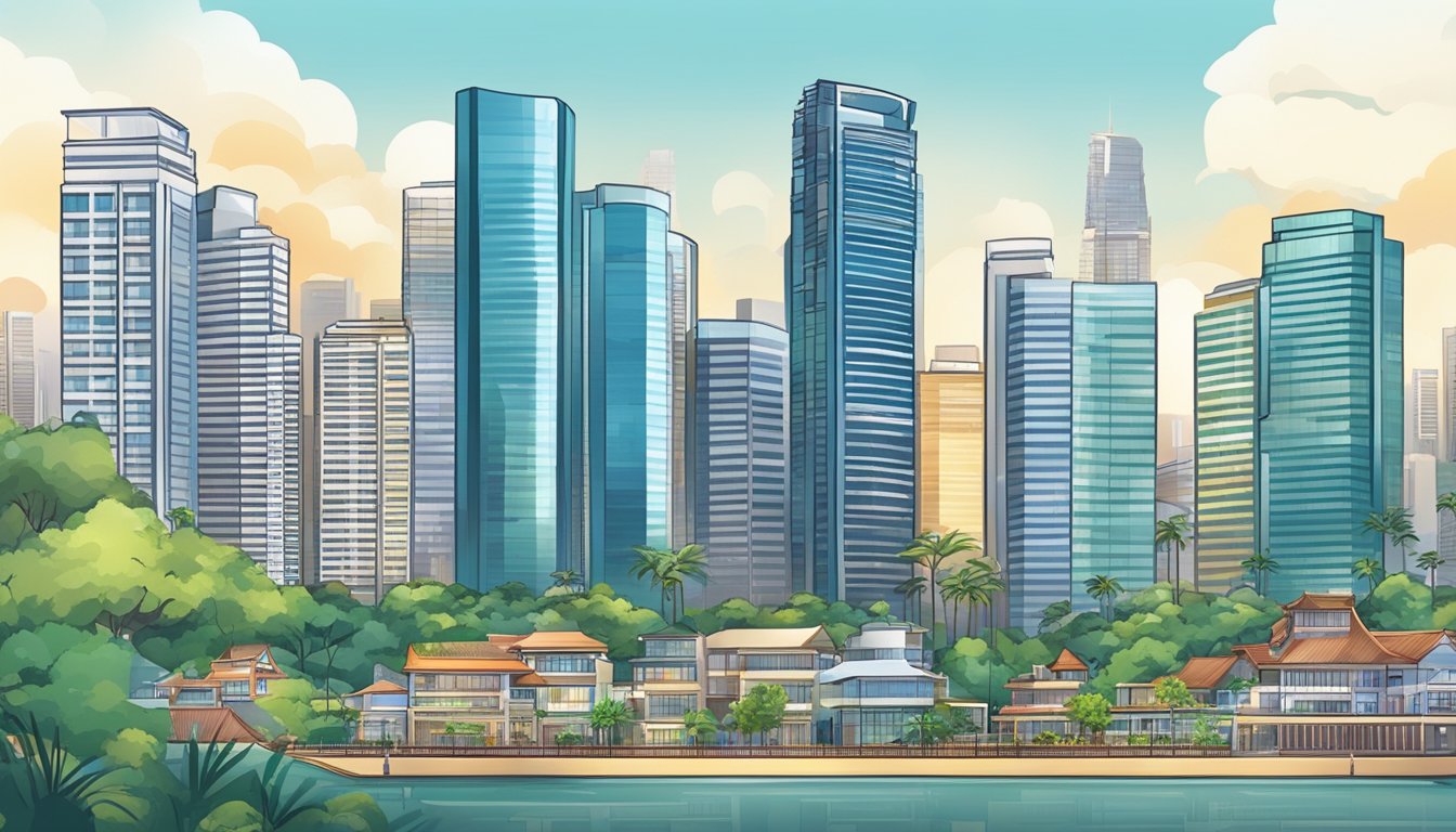 A bustling city skyline with various real estate properties, including high-rise buildings, commercial spaces, and residential complexes, showcasing the diverse opportunities for passive income in Singapore
