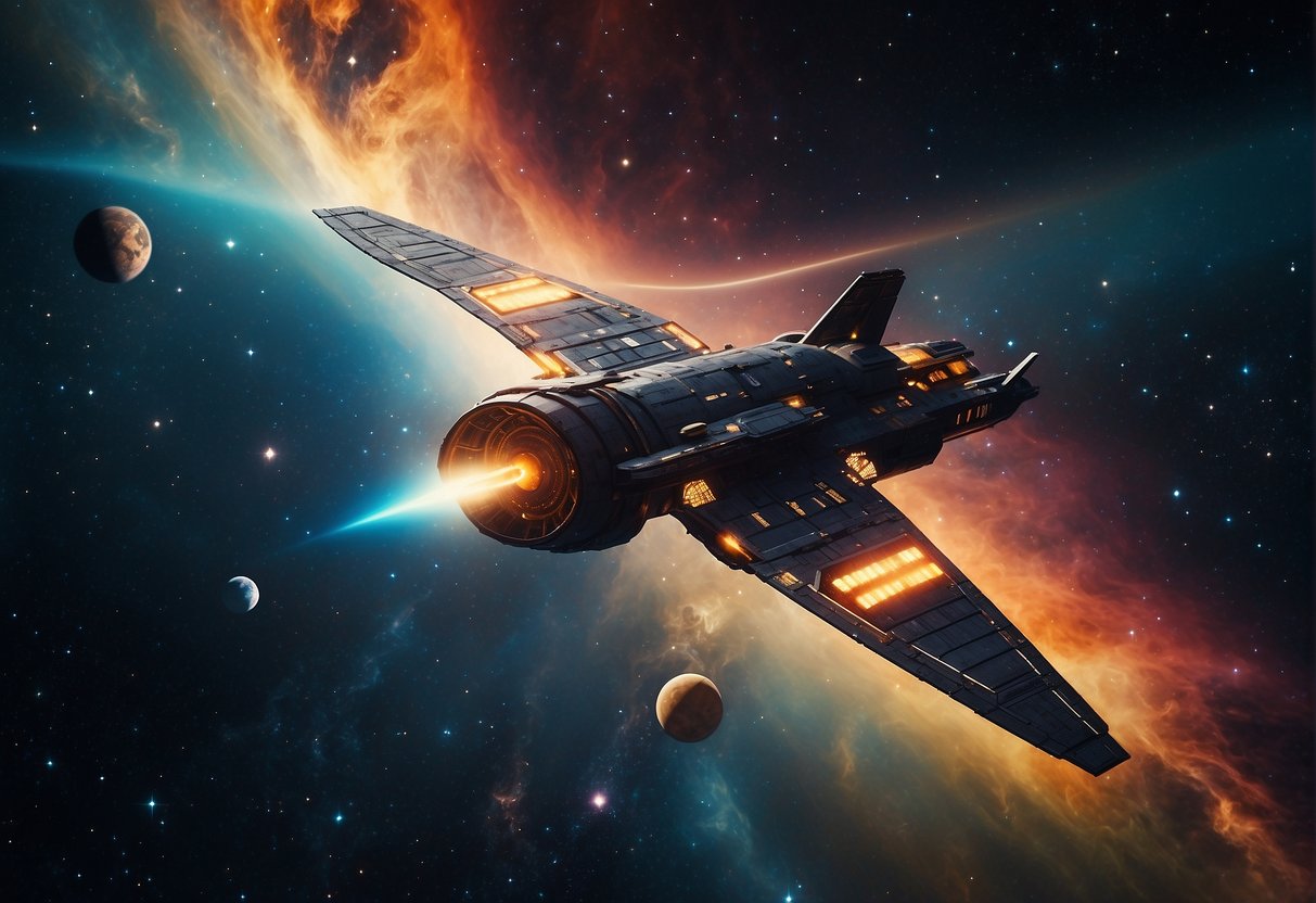Lost in Space - A lone spaceship drifts through a colorful nebula, surrounded by twinkling stars and mysterious celestial bodies. The ship's lights flicker as it navigates through the unknown galaxy, searching for a safe haven