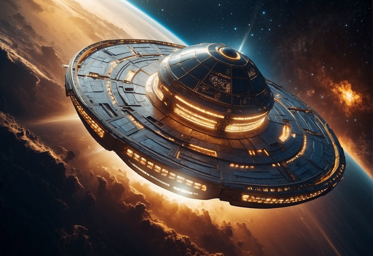 A spaceship hurtles through a swirling nebula, surrounded by glittering stars and unknown galaxies. The ship is adorned with advanced technology, and the scene exudes a sense of mystery and wonder