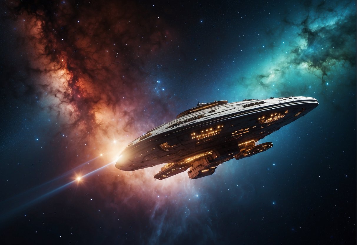A spaceship drifts through a vibrant nebula, surrounded by swirling clouds of gas and glowing stars. The ship's navigation lights flicker as it struggles to find its way through the unknown galaxy