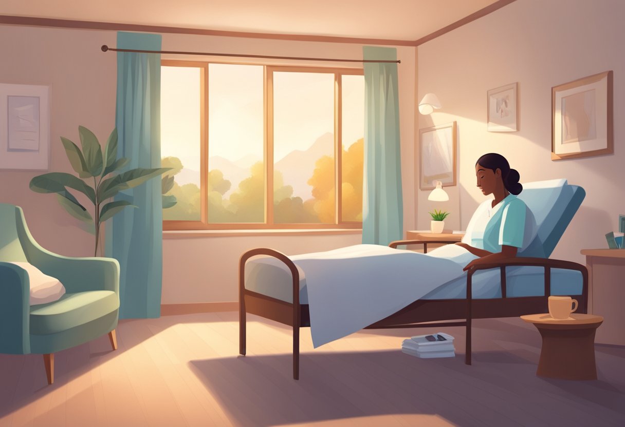 A peaceful room with soft lighting, comfortable furniture, and soothing decor. A caring nurse sits by the bedside, offering support and comfort to a patient