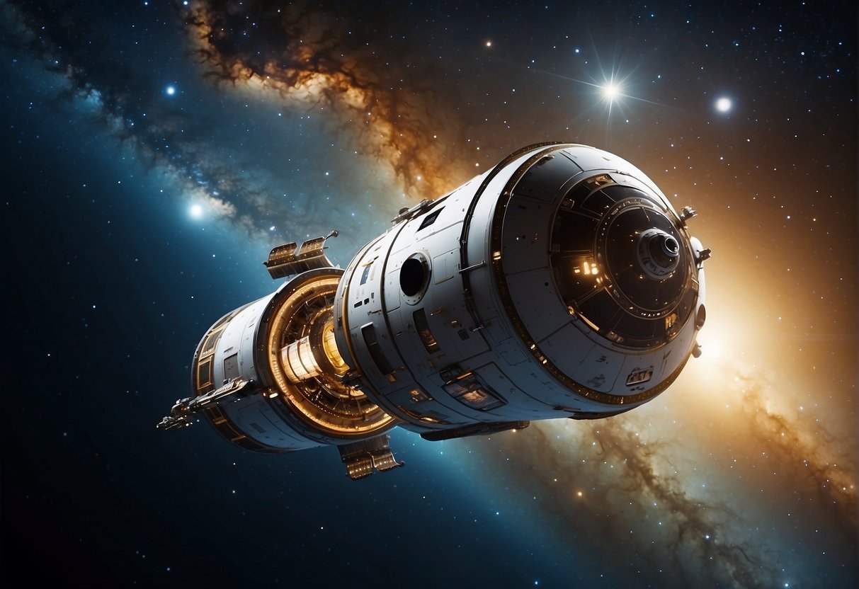 A spacecraft drifts in the vastness of space, surrounded by swirling galaxies and mysterious celestial bodies. Advanced technology hums and glows, as the crew works to navigate through the unknown