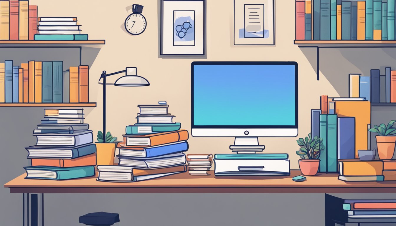 A stack of books with titles like "Passive Income Ideas" and "FAQs" sits on a desk in a cozy home office, with a laptop open to a webpage about passive income opportunities in Singapore