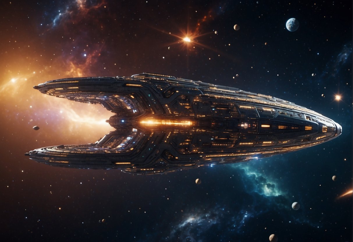 A spaceship hurtles through a colorful, star-studded galaxy. A crew inside is seen working together, using innovative tools and technology to navigate and survive in the unknown expanse