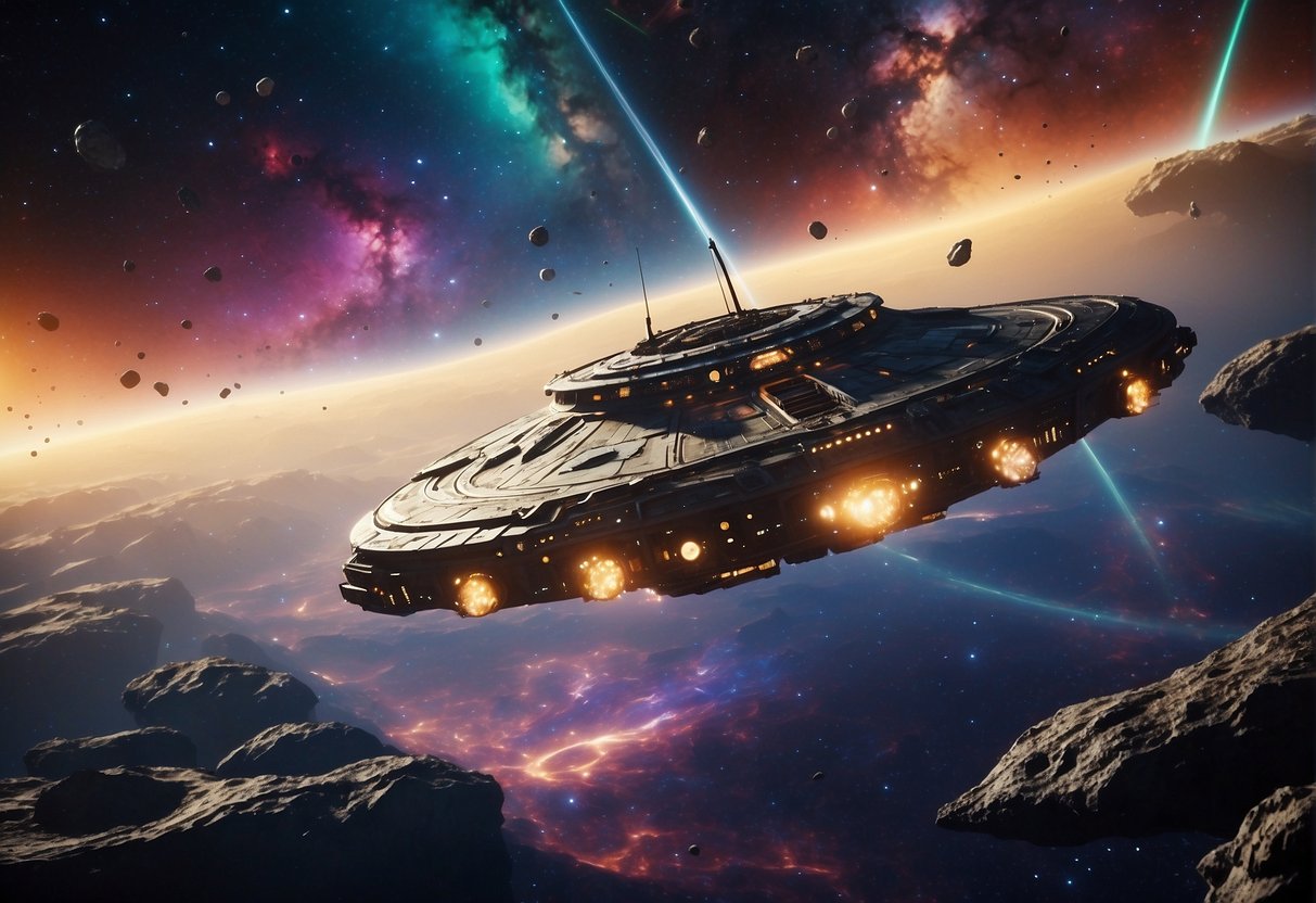 A spaceship drifts through a colorful nebula, surrounded by floating debris and glowing asteroids. The crew inside are seen frantically working on various consoles, trying to navigate through the unfamiliar terrain of the unknown galaxy