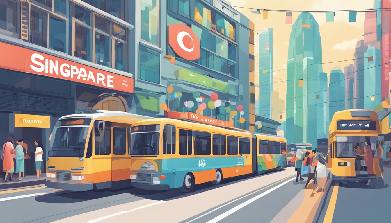 A colorful cityscape with iconic Singapore landmarks and a "pay later" sign displayed prominently in a bustling shopping district